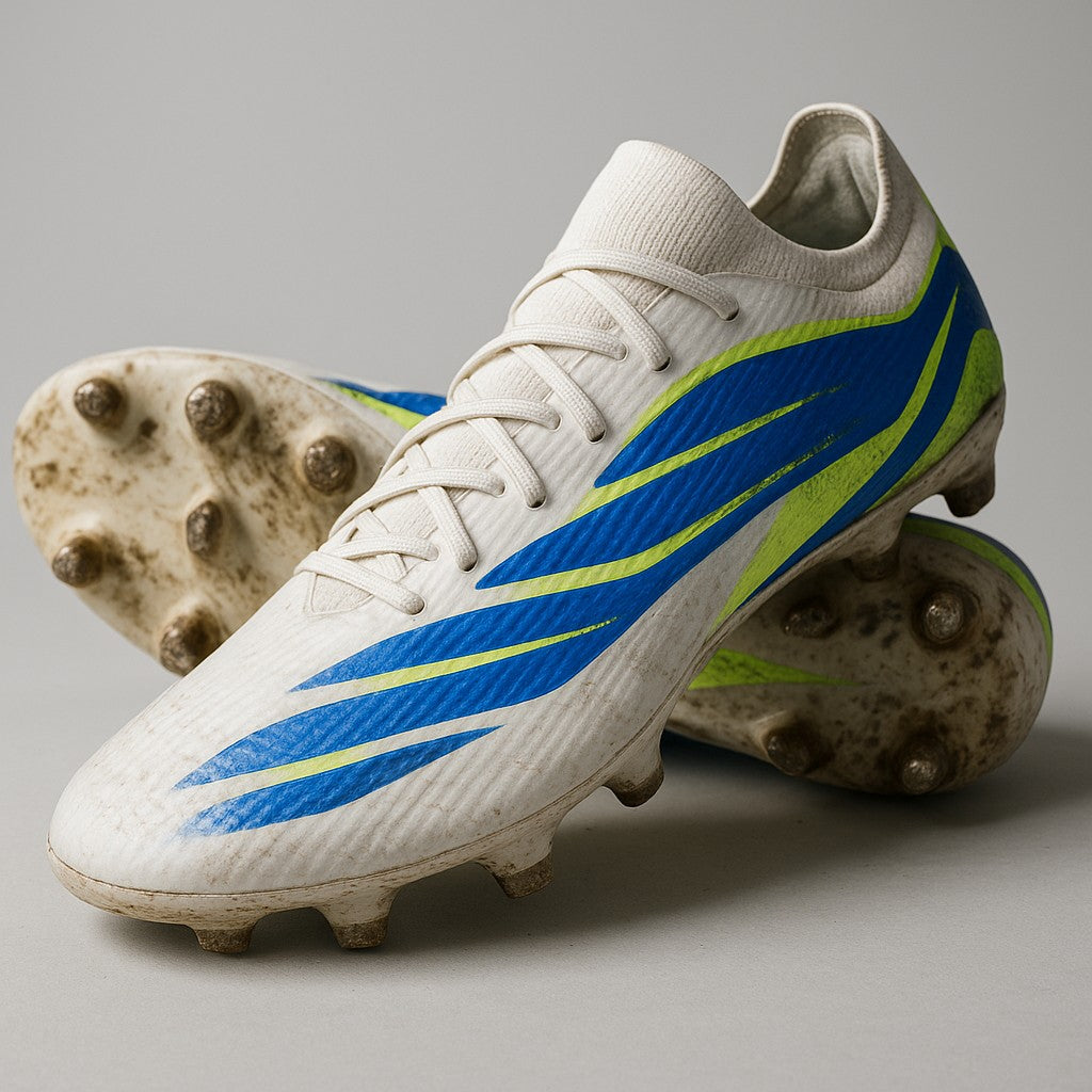 Modern colorful soccer cleats showing signs of use - mud on studs and scuff marks