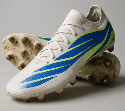 Modern colorful soccer cleats showing signs of use - mud on studs and scuff marks