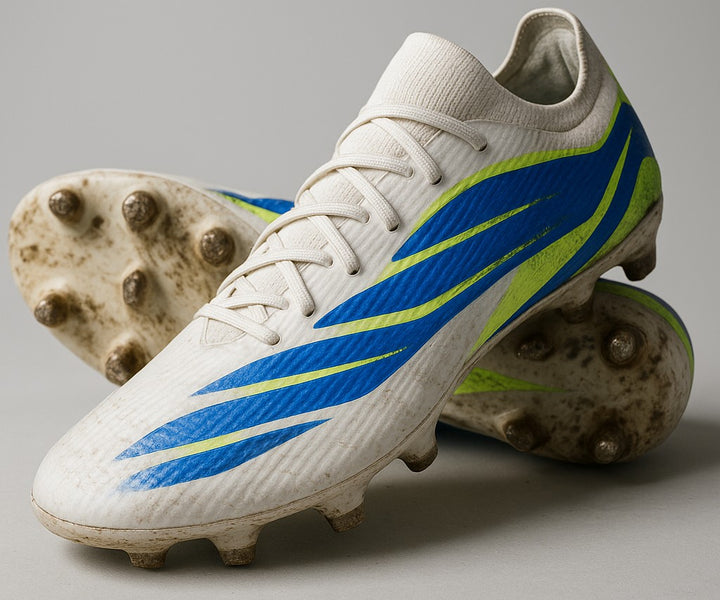 Modern colorful soccer cleats showing signs of use - mud on studs and scuff marks