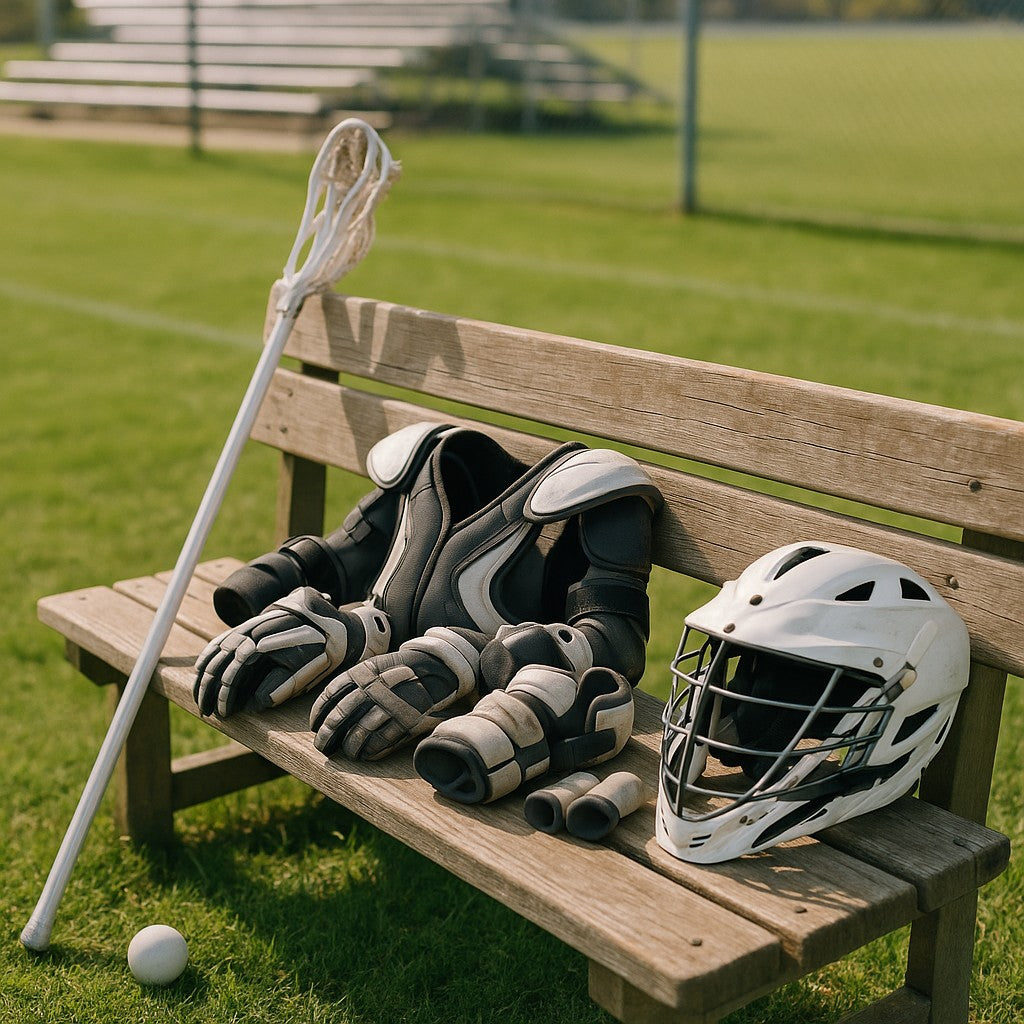 Lacrosse gear spread on a field bench - shoulder pads, gloves, helmet, and stick