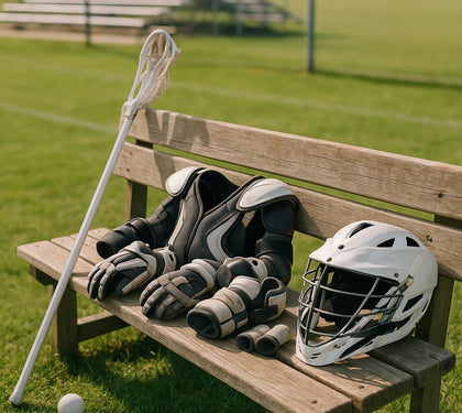 Lacrosse gear spread on a field bench - shoulder pads, gloves, helmet, and stick