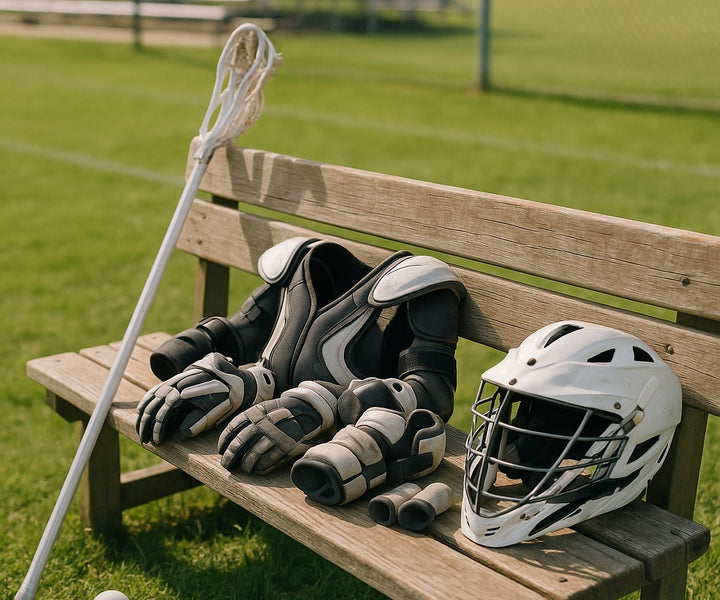 Lacrosse gear spread on a field bench - shoulder pads, gloves, helmet, and stick