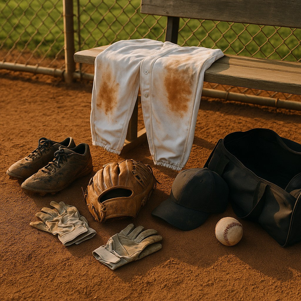 Baseball gear on field near dugout - dirty uniform, cleats, glove, batting gloves, and cap