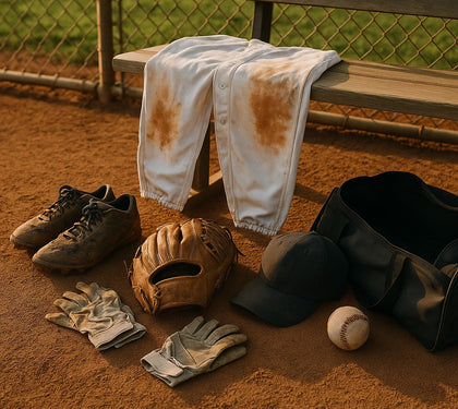 Baseball gear on field near dugout - dirty uniform, cleats, glove, batting gloves, and cap