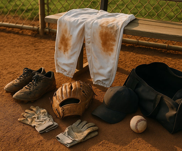 Baseball gear on field near dugout - dirty uniform, cleats, glove, batting gloves, and cap