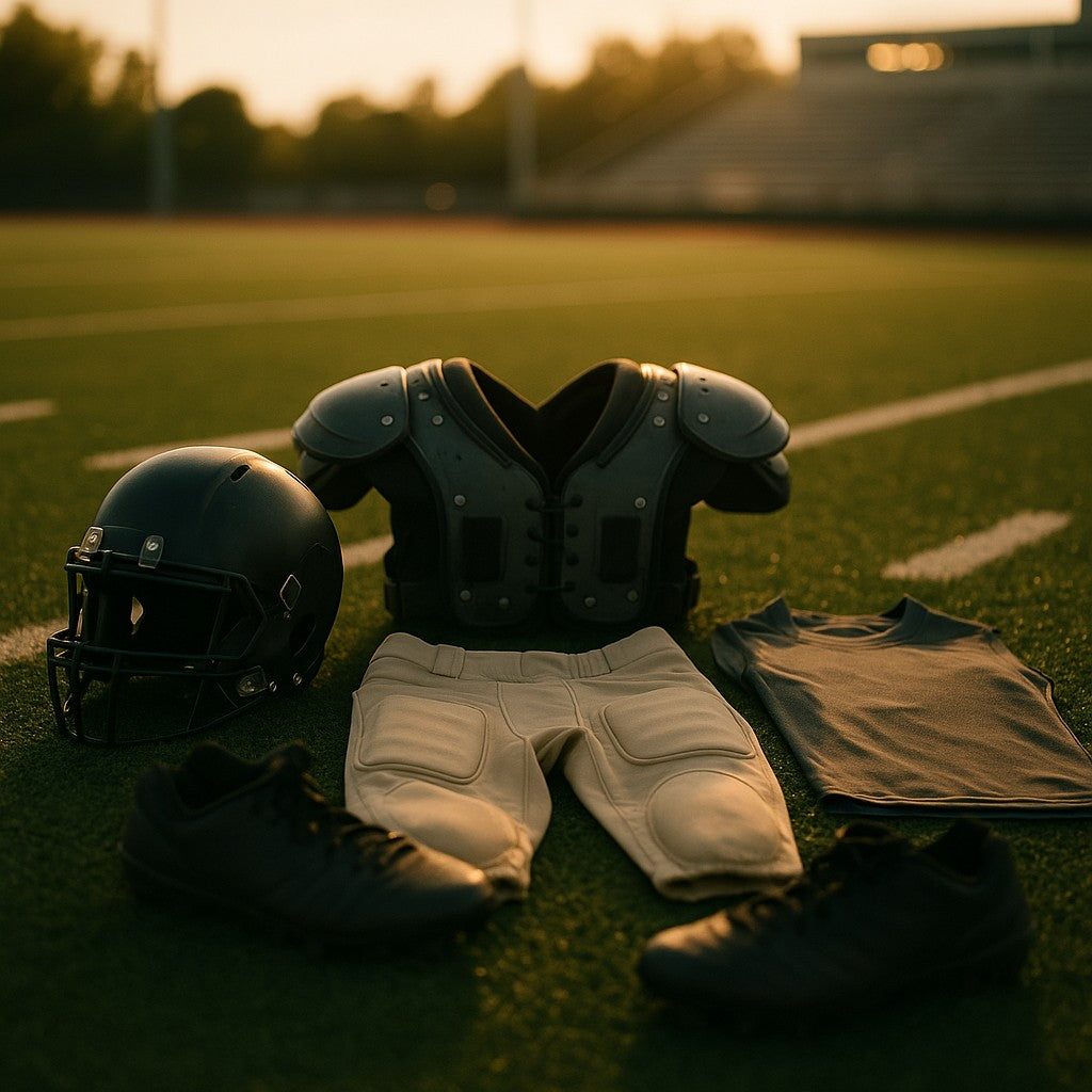 Football gear on field at golden hour - shoulder pads, helmet, football pants, undershirt, and cleats