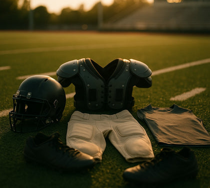 Football gear on field at golden hour - shoulder pads, helmet, football pants, undershirt, and cleats