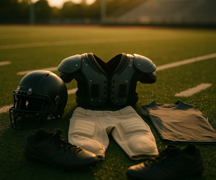 Football gear on field at golden hour - shoulder pads, helmet, football pants, undershirt, and cleats