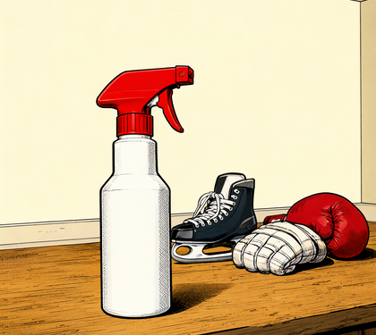 Comic panel of a 16oz trigger spray bottle on a wooden workbench with a hockey skate, glove and boxing glove behind it