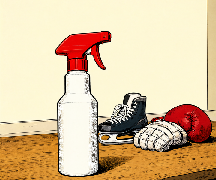 Comic panel of a 16oz trigger spray bottle on a wooden workbench with a hockey skate, glove and boxing glove behind it