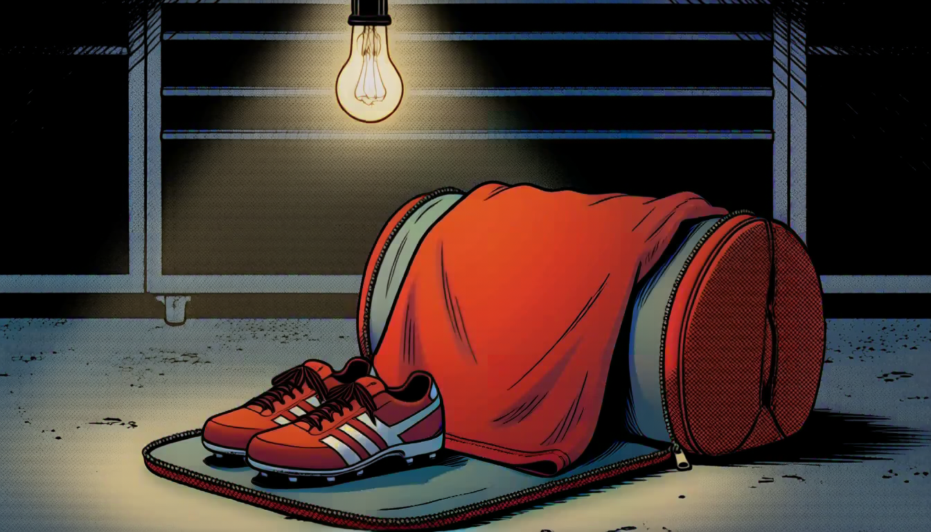 An open duffel bag spilling damp sports gear under a bulb in a garage