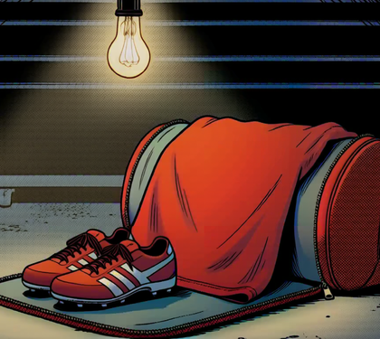 An open duffel bag spilling damp sports gear under a bulb in a garage