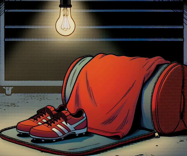 An open duffel bag spilling damp sports gear under a bulb in a garage
