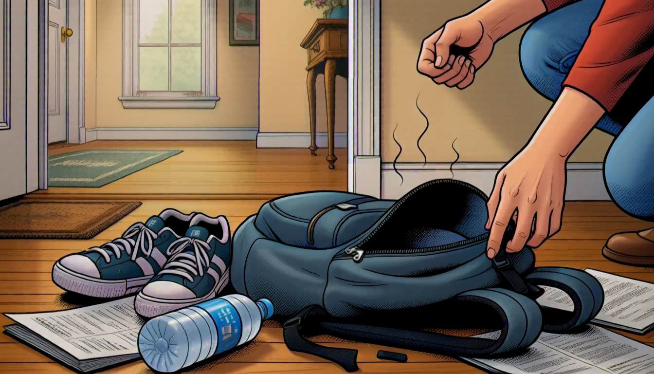 A dumped school backpack on the entryway floor surrounded by sneakers, papers, and a water bottle, with a parent's hands reaching in