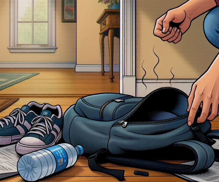 A dumped school backpack on the entryway floor surrounded by sneakers, papers, and a water bottle, with a parent's hands reaching in