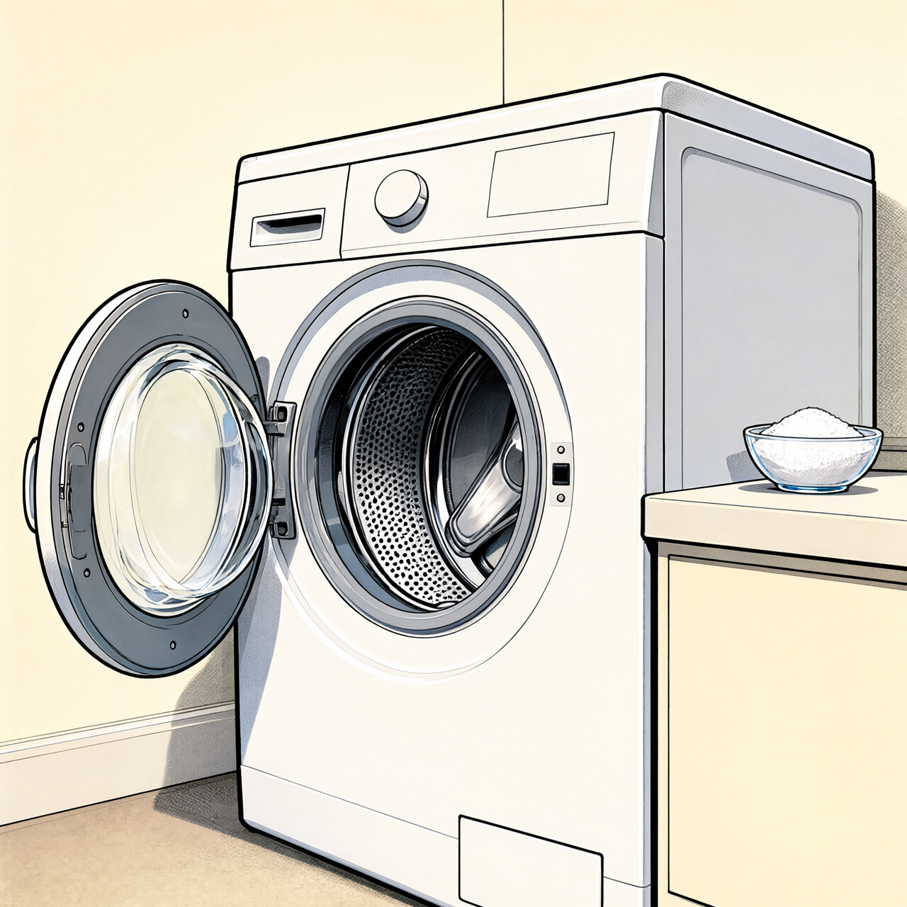 Comic panel of a front-loading washing machine with its door open, a bowl of white citric acid powder on the machine ledge