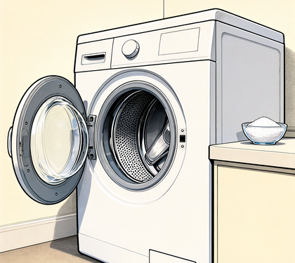 Comic panel of a front-loading washing machine with its door open, a bowl of white citric acid powder on the machine ledge