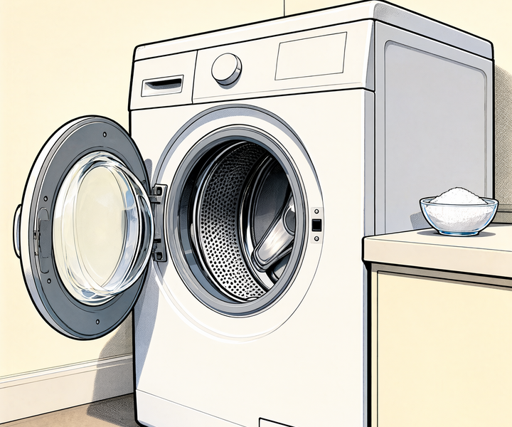 Comic panel of a front-loading washing machine with its door open, a bowl of white citric acid powder on the machine ledge
