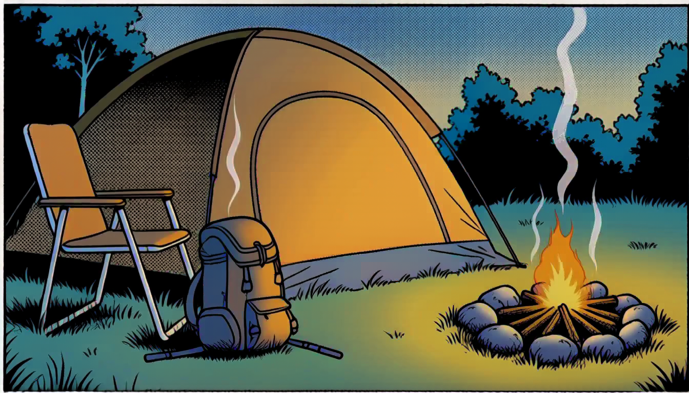 Campsite with tent and gear, stink lines