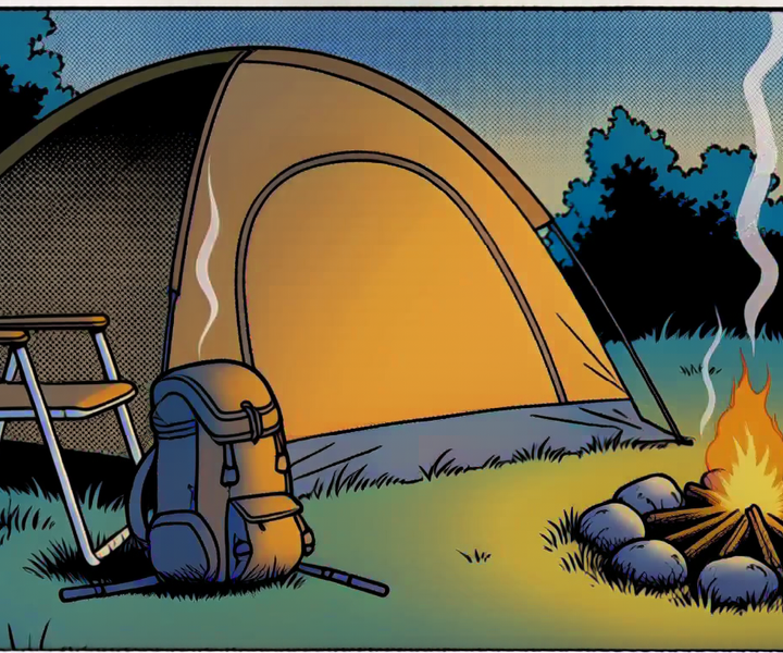 Campsite with tent and gear, stink lines