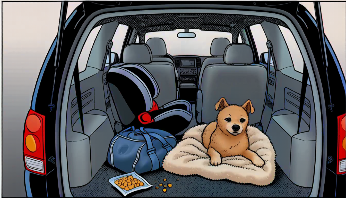 A car rear seat with a pet blanket, child seat in the rear bench, and a metal bowl on the floor mat