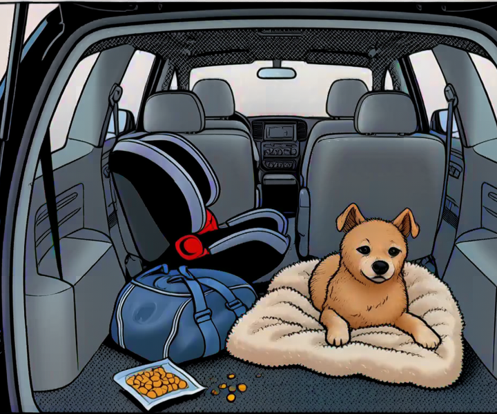 A car rear seat with a pet blanket, child seat in the rear bench, and a metal bowl on the floor mat