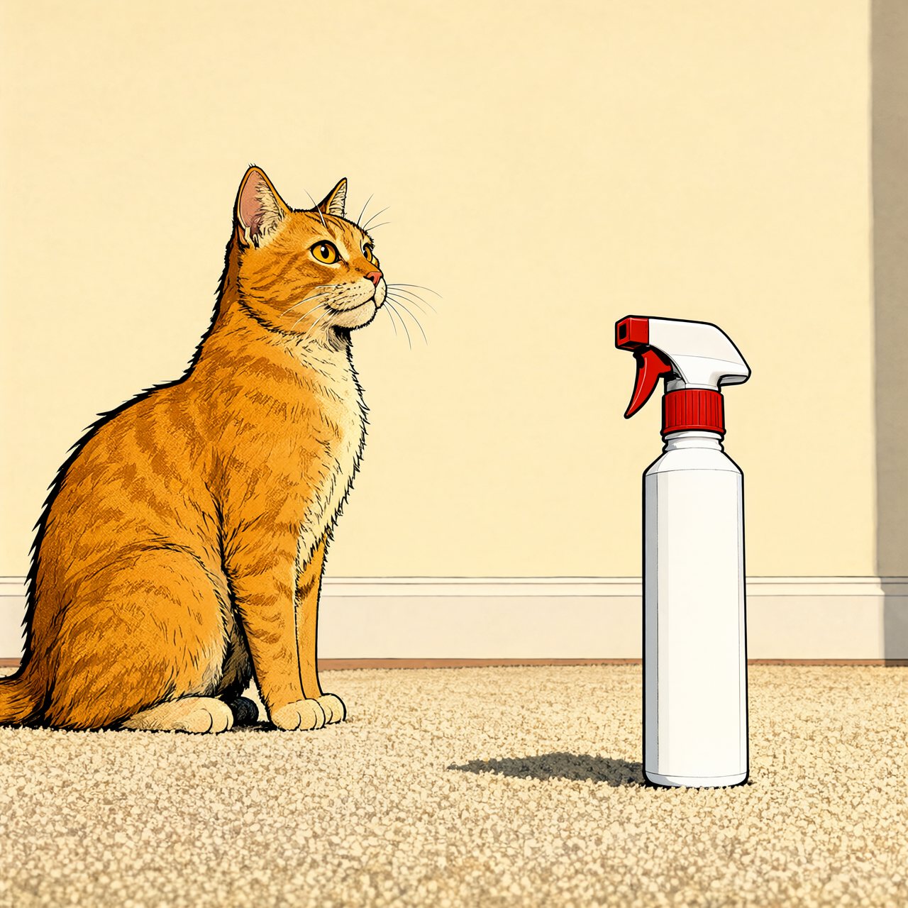 Comic panel of an orange tabby cat sitting on light beige carpet with a 16oz trigger spray bottle standing a few feet away