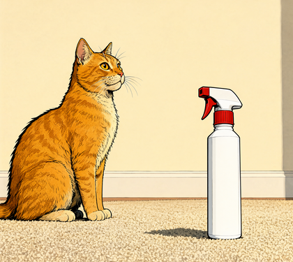 Comic panel of an orange tabby cat sitting on light beige carpet with a 16oz trigger spray bottle standing a few feet away