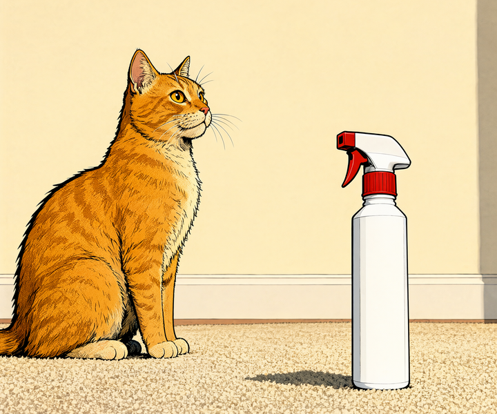 Comic panel of an orange tabby cat sitting on light beige carpet with a 16oz trigger spray bottle standing a few feet away