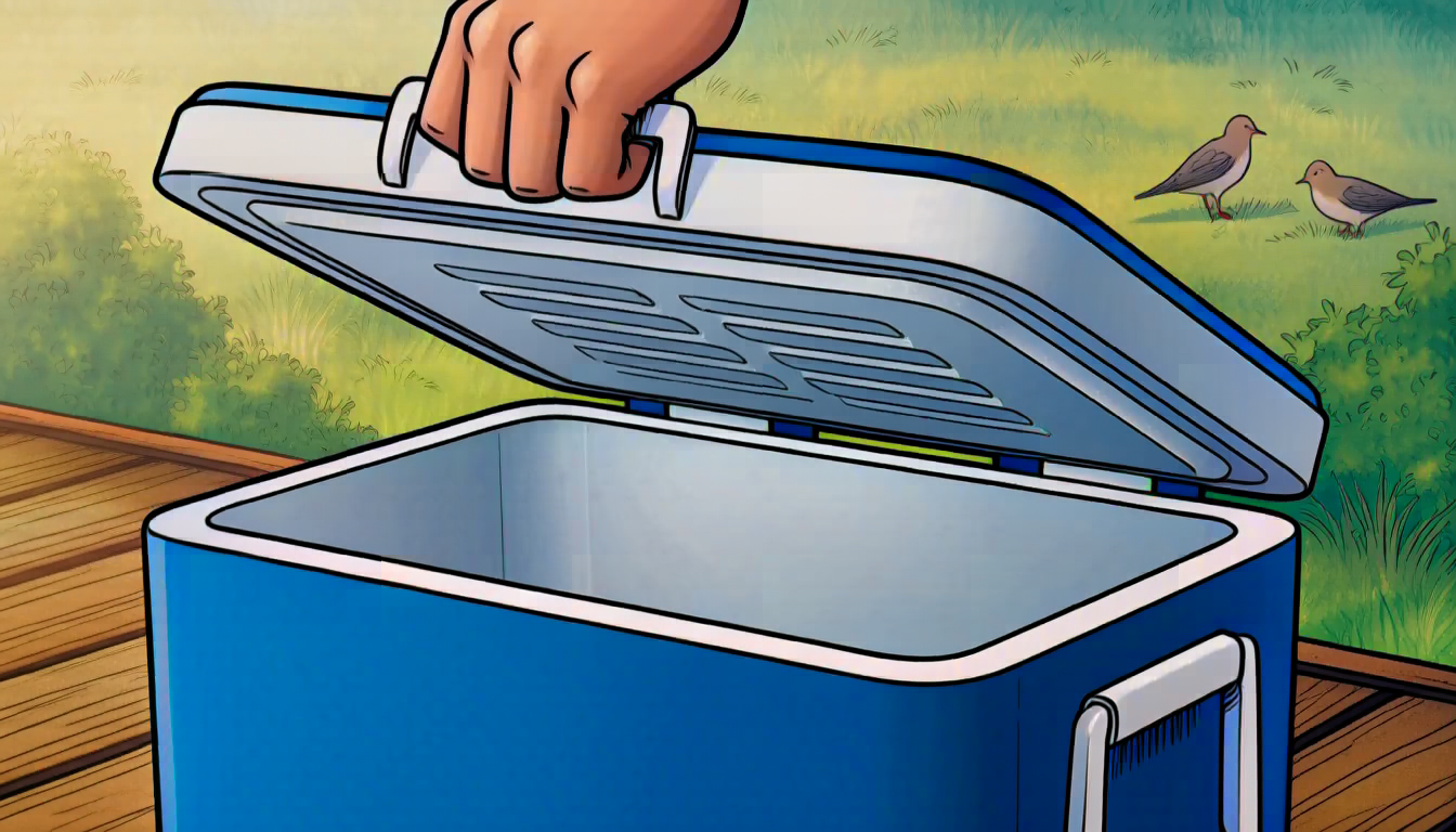 A hand lifting the lid off an empty blue cooler on a wooden deck