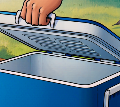 A hand lifting the lid off an empty blue cooler on a wooden deck