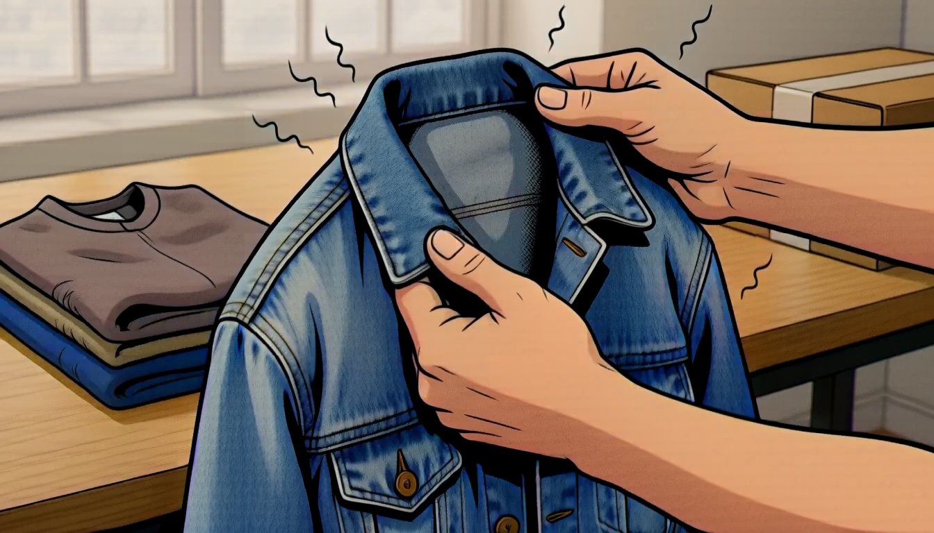 Two hands holding up a faded vintage denim jacket at the collar with faint stink lines rising, in a clean packing workspace