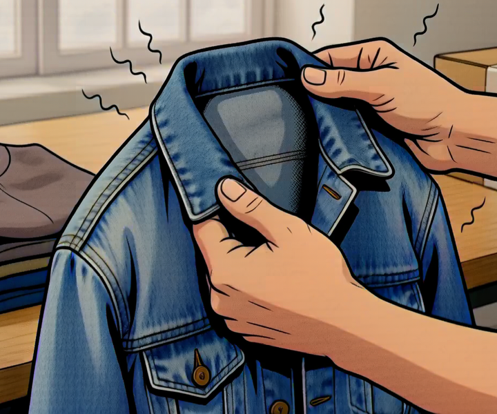 Two hands holding up a faded vintage denim jacket at the collar with faint stink lines rising, in a clean packing workspace