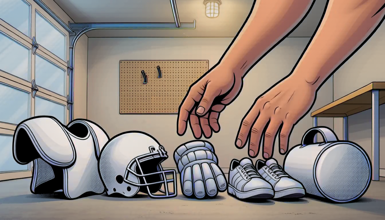 A row of mixed unbranded sports gear — pad, helmet, lacrosse glove, sneakers, and gym bag — laid out on a clean garage floor, with a parent's hands reaching in