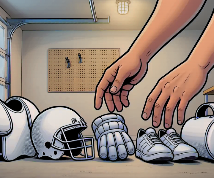 A row of mixed unbranded sports gear — pad, helmet, lacrosse glove, sneakers, and gym bag — laid out on a clean garage floor, with a parent's hands reaching in