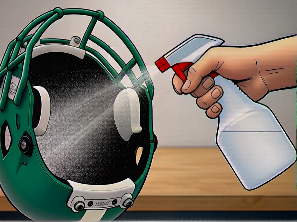 A hand spraying a deodorizing spray into the inside of a football helmet