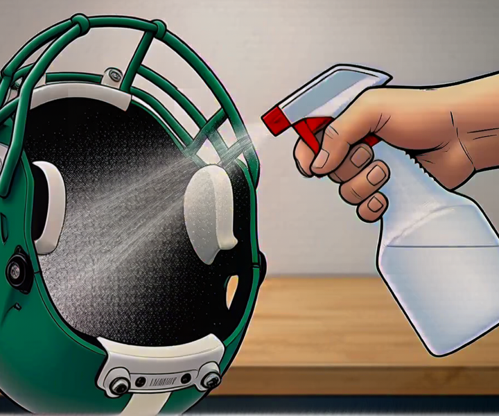 A hand spraying a deodorizing spray into the inside of a football helmet