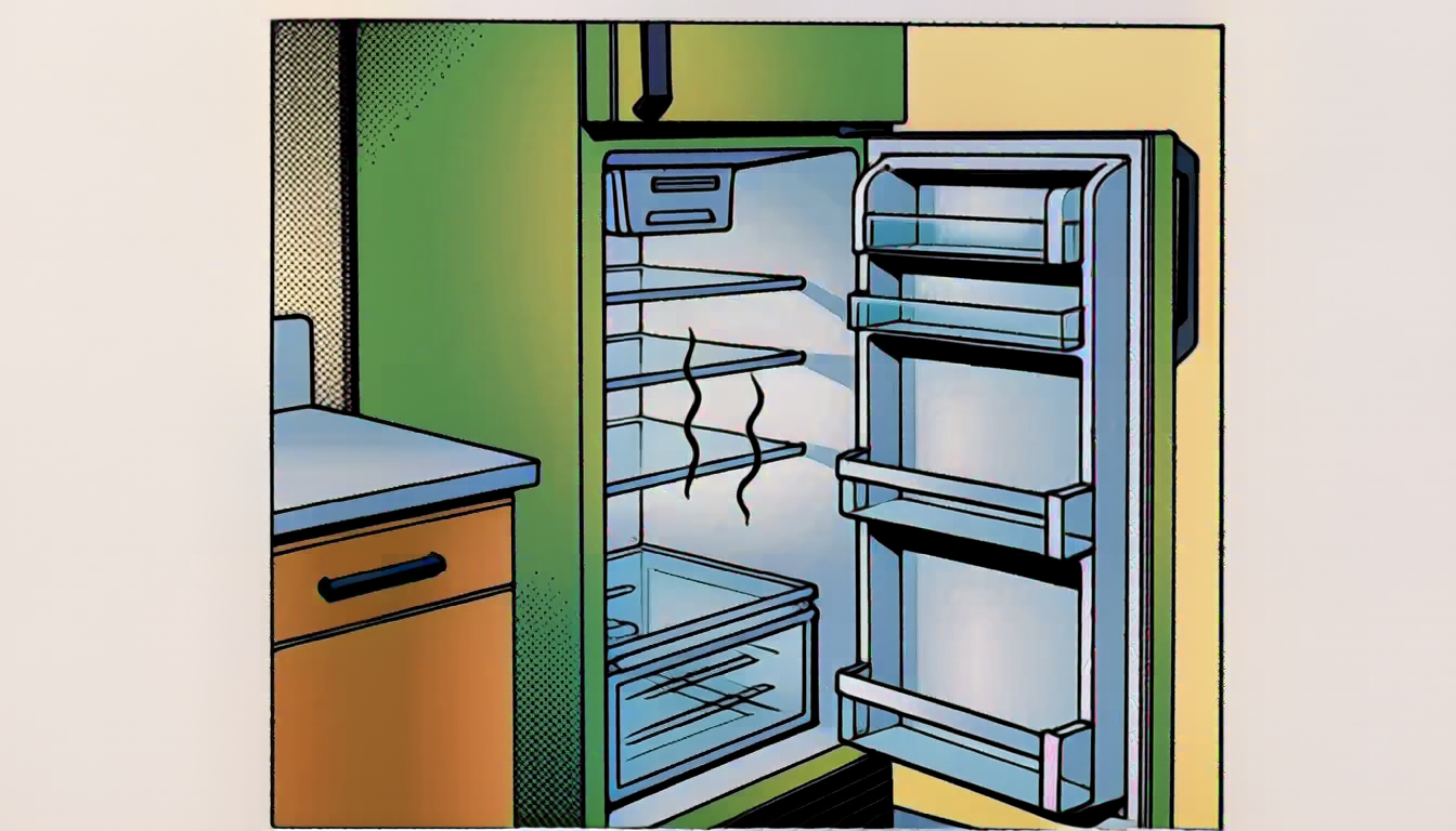 An open empty refrigerator with faint stink lines rising from inside