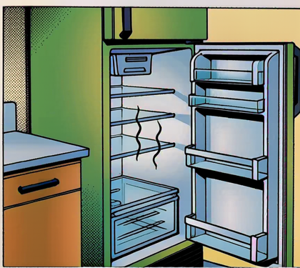 An open empty refrigerator with faint stink lines rising from inside