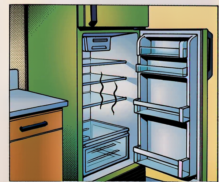 An open empty refrigerator with faint stink lines rising from inside