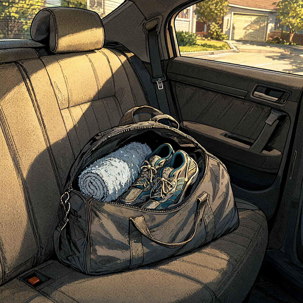 Comic panel of an open gym bag on a car back seat with a wet towel and sneakers visible inside, warm sun streaming in