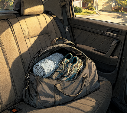 Comic panel of an open gym bag on a car back seat with a wet towel and sneakers visible inside, warm sun streaming in
