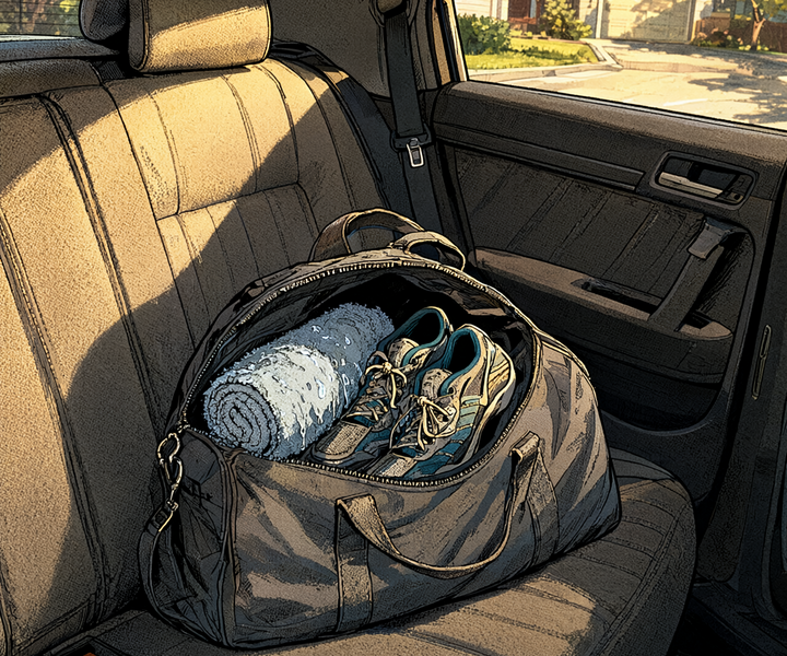 Comic panel of an open gym bag on a car back seat with a wet towel and sneakers visible inside, warm sun streaming in