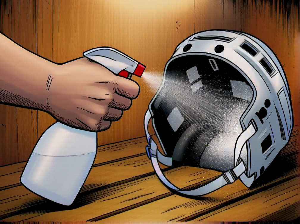 A hand misting deodorizing spray into the interior of a white hockey helmet with the cage removed