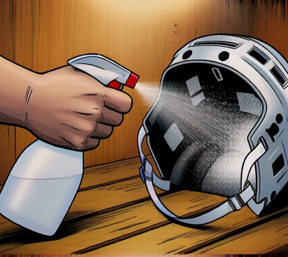 A hand misting deodorizing spray into the interior of a white hockey helmet with the cage removed