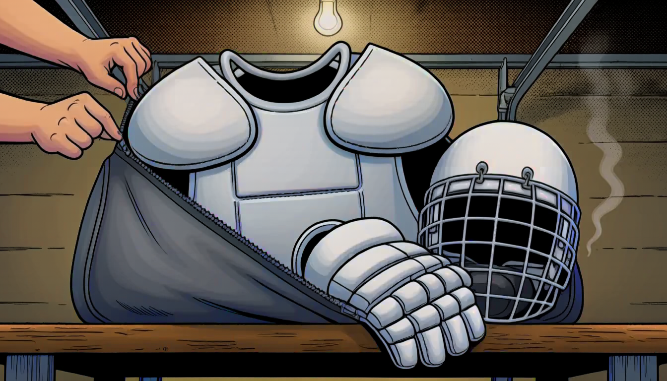 Hockey pads, gloves, and a helmet spilling out of a duffel bag with stink lines rising off the gear