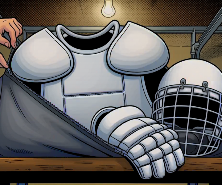 Hockey pads, gloves, and a helmet spilling out of a duffel bag with stink lines rising off the gear