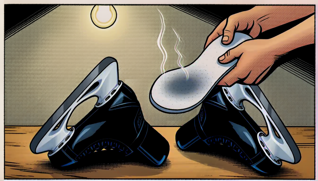 A hand pulling a damp insole out of a black hockey skate while a second skate lies on the bench, stink lines rising