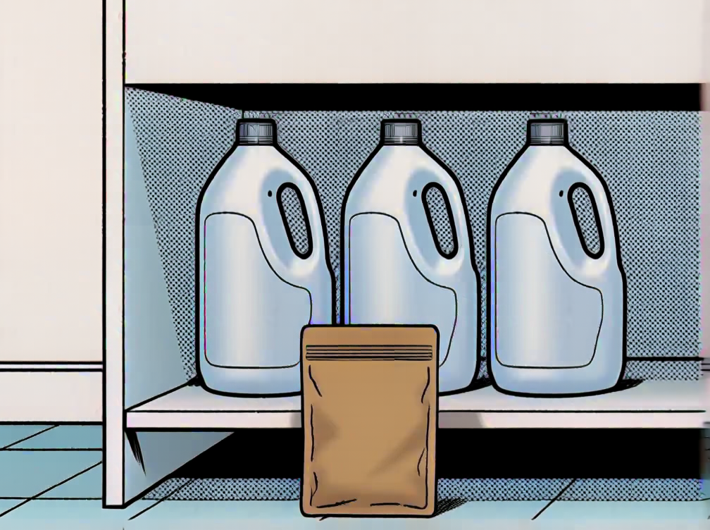 Three bulky liquid detergent jugs on a shelf with a small kraft paper powder detergent pouch in front