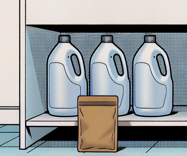 Three bulky liquid detergent jugs on a shelf with a small kraft paper powder detergent pouch in front